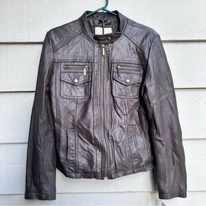 NWT Michael Kors Genuine Leather Jacket Moto Racer Brown Olive Women's Sz Large